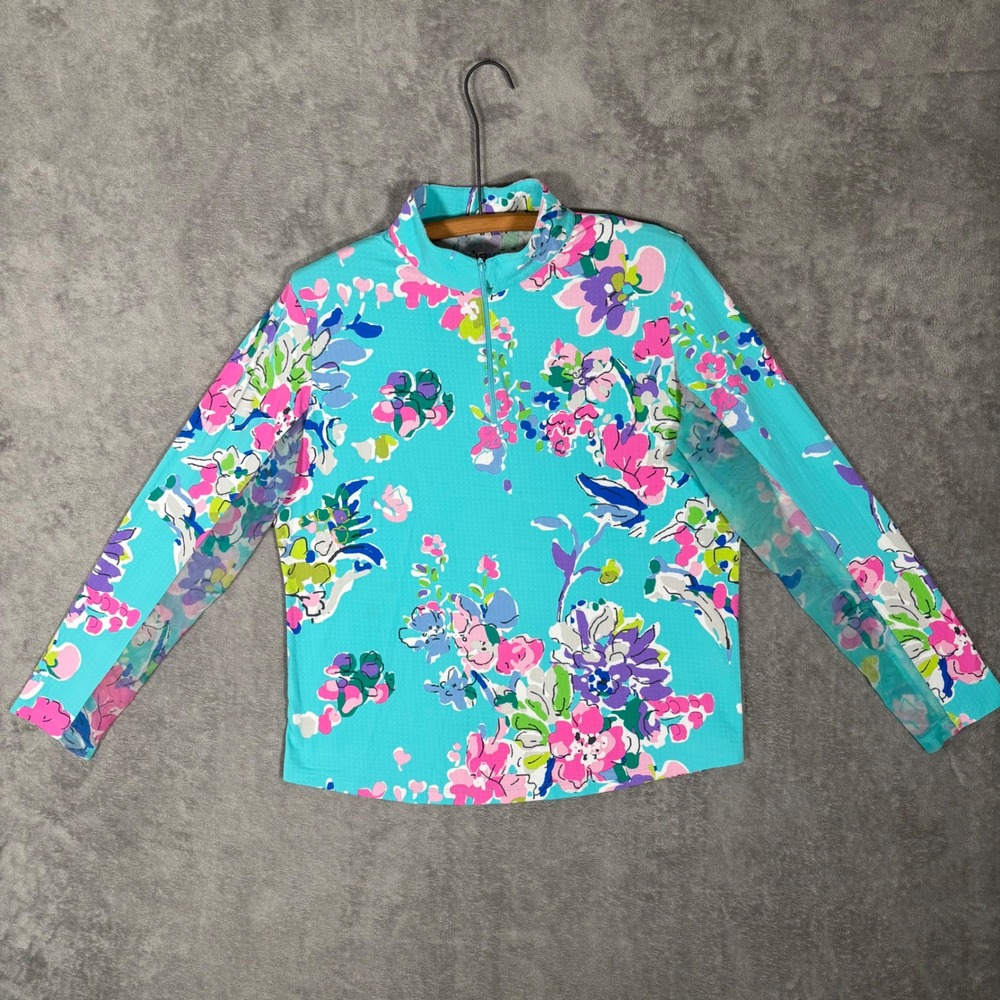 IBKUL Womens XL Sun Shirt Floral Quarter Zip Turquoise Blue Mesh Panels UPF 50+